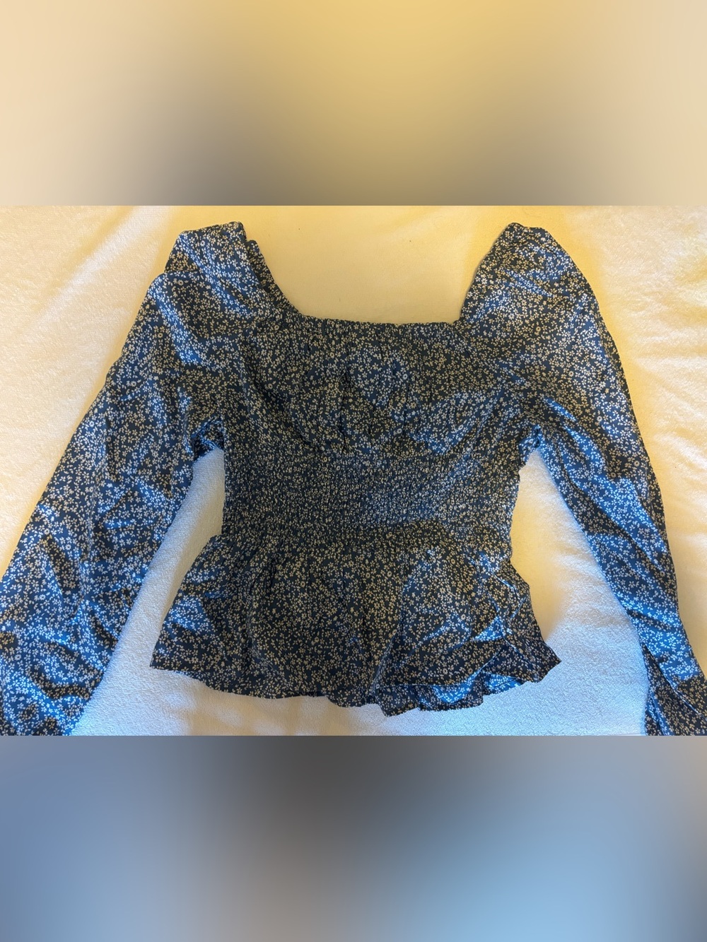 Japna Black Floral Long-Sleeve Smocked Crop Top